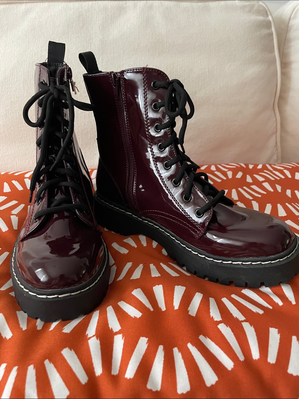 Sincerely Jules Burgundy Patent Lace-Up Combat Boots